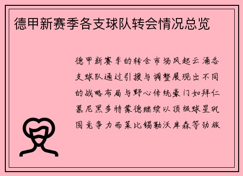 德甲新赛季各支球队转会情况总览