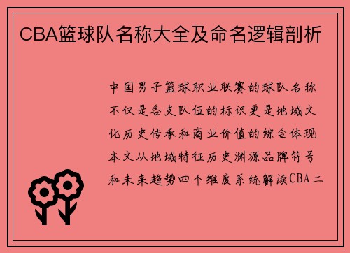 CBA篮球队名称大全及命名逻辑剖析