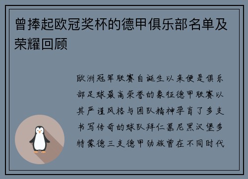 曾捧起欧冠奖杯的德甲俱乐部名单及荣耀回顾