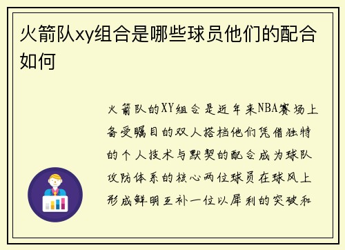 火箭队xy组合是哪些球员他们的配合如何