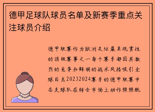 德甲足球队球员名单及新赛季重点关注球员介绍
